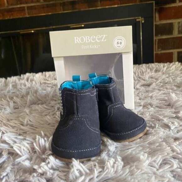 Robeez First Kicks Maddox Navy Leather Boot 6-9 Months Zipper New - Picture 4 of 16